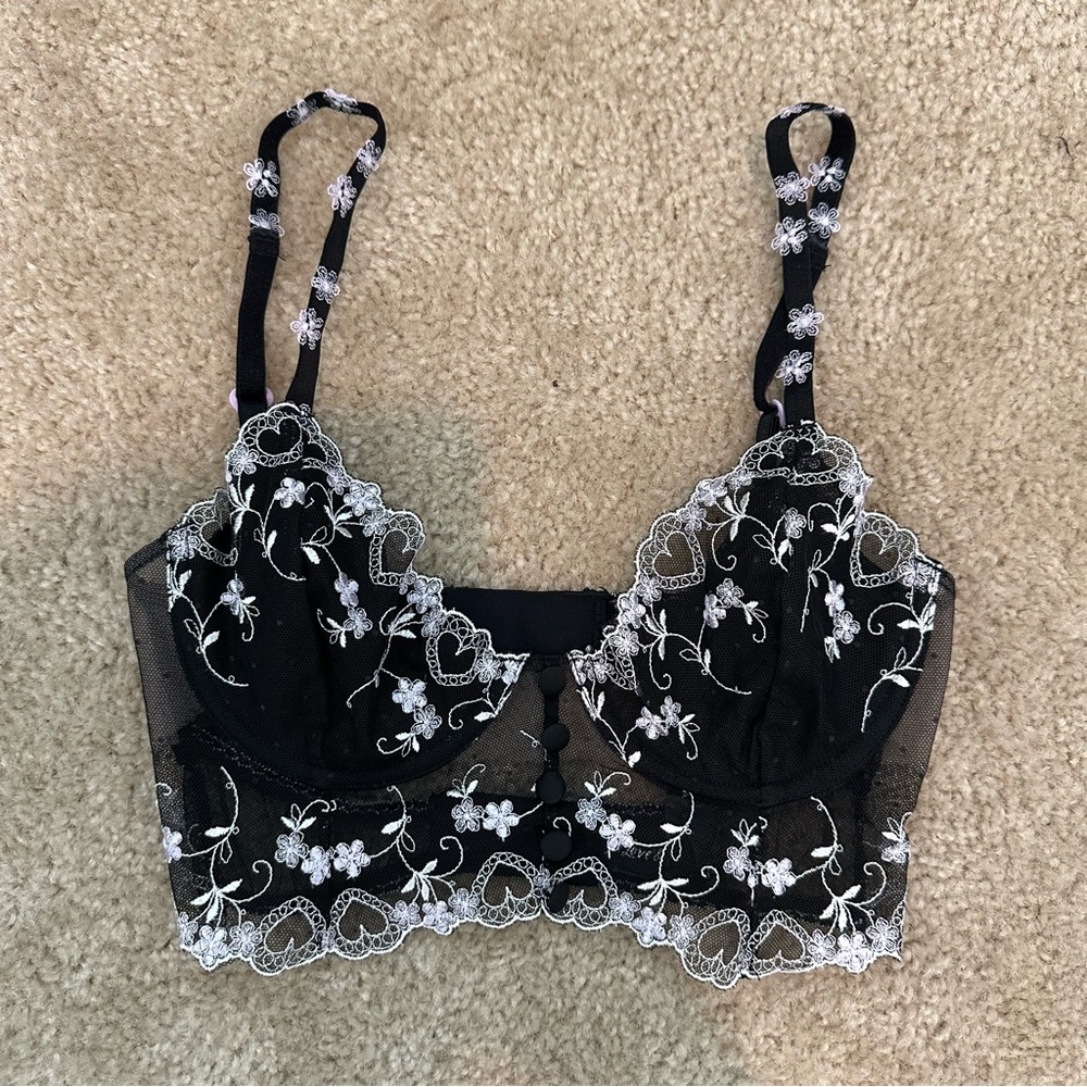NWOT For Love and Lemons x Victoria Secret Amour Longline Embroidered Bra XS